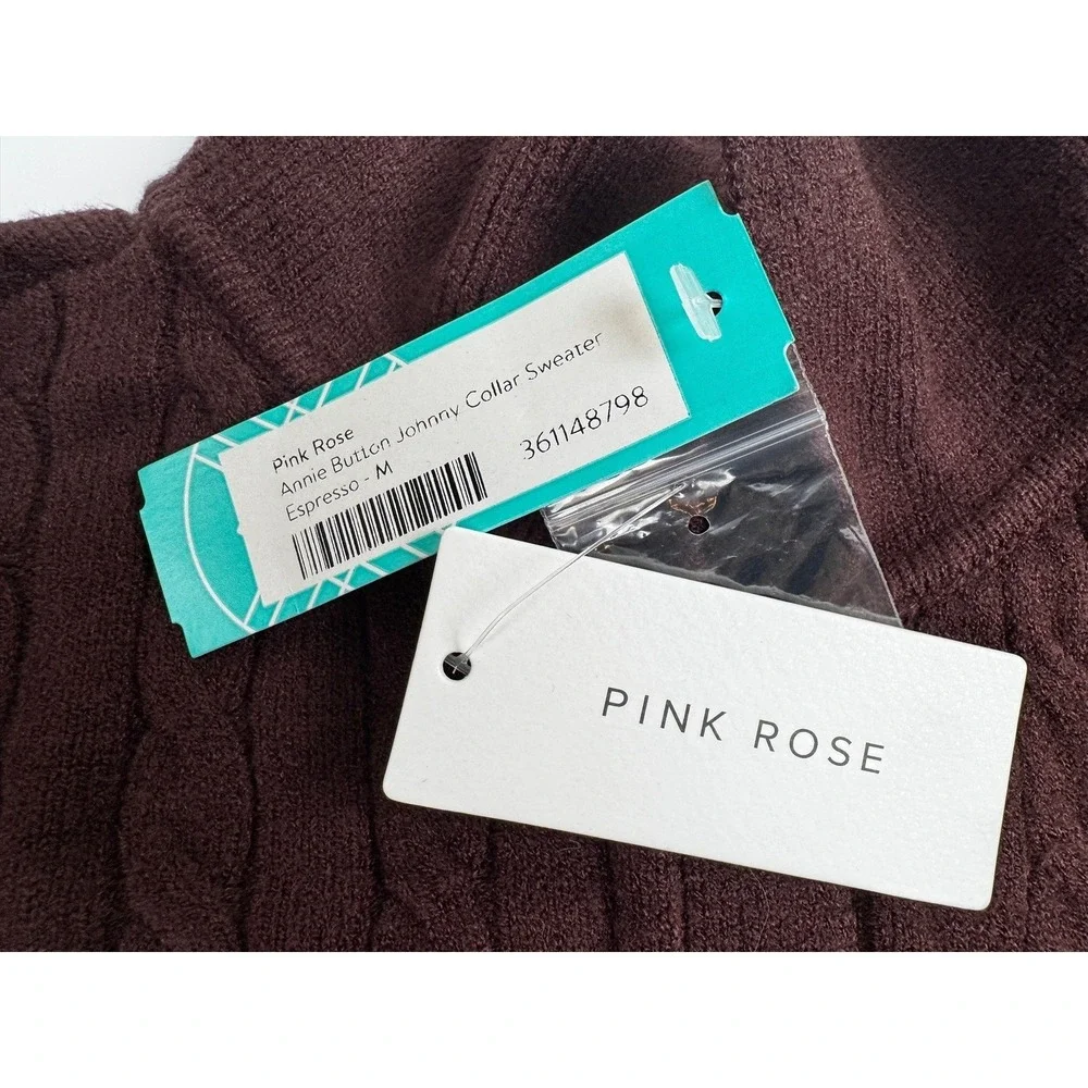 Pink Rose Annie Button Johnny Collar Sweater Espresso Brown‎ Medium NWT